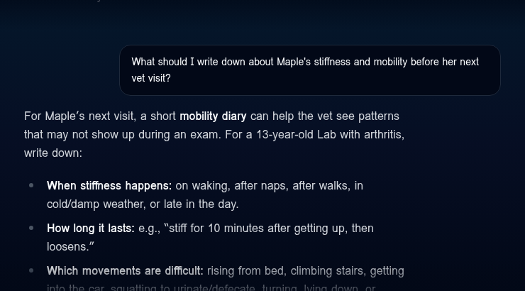 Screenshot of the PawLine app: a question about a demo senior Labrador's stiffness and the start of the answer, a list of what to write down